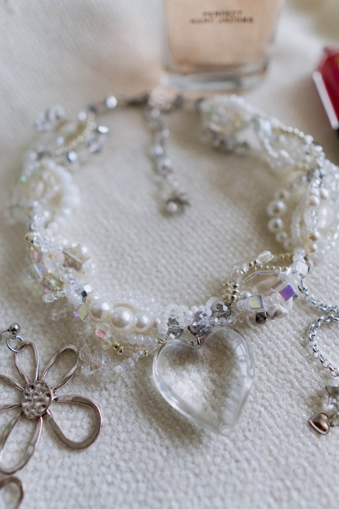 💖 Glass Bombshell Necklace – Glass Heart Pendant, Pearls & Stainless Steel | Handmade Statement Jewelry