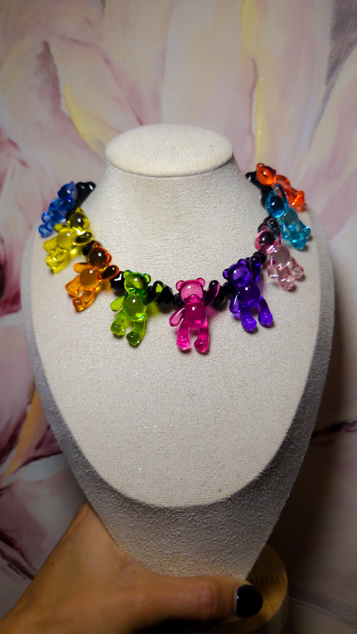 Black Crystal Teddies Necklace – Acrylic Pearls & Teddy Bear Charms | Handmade Y2K Statement Jewelry