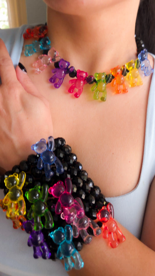 Black Crystal Teddies Necklace – Acrylic Pearls & Teddy Bear Charms | Handmade Y2K Statement Jewelry