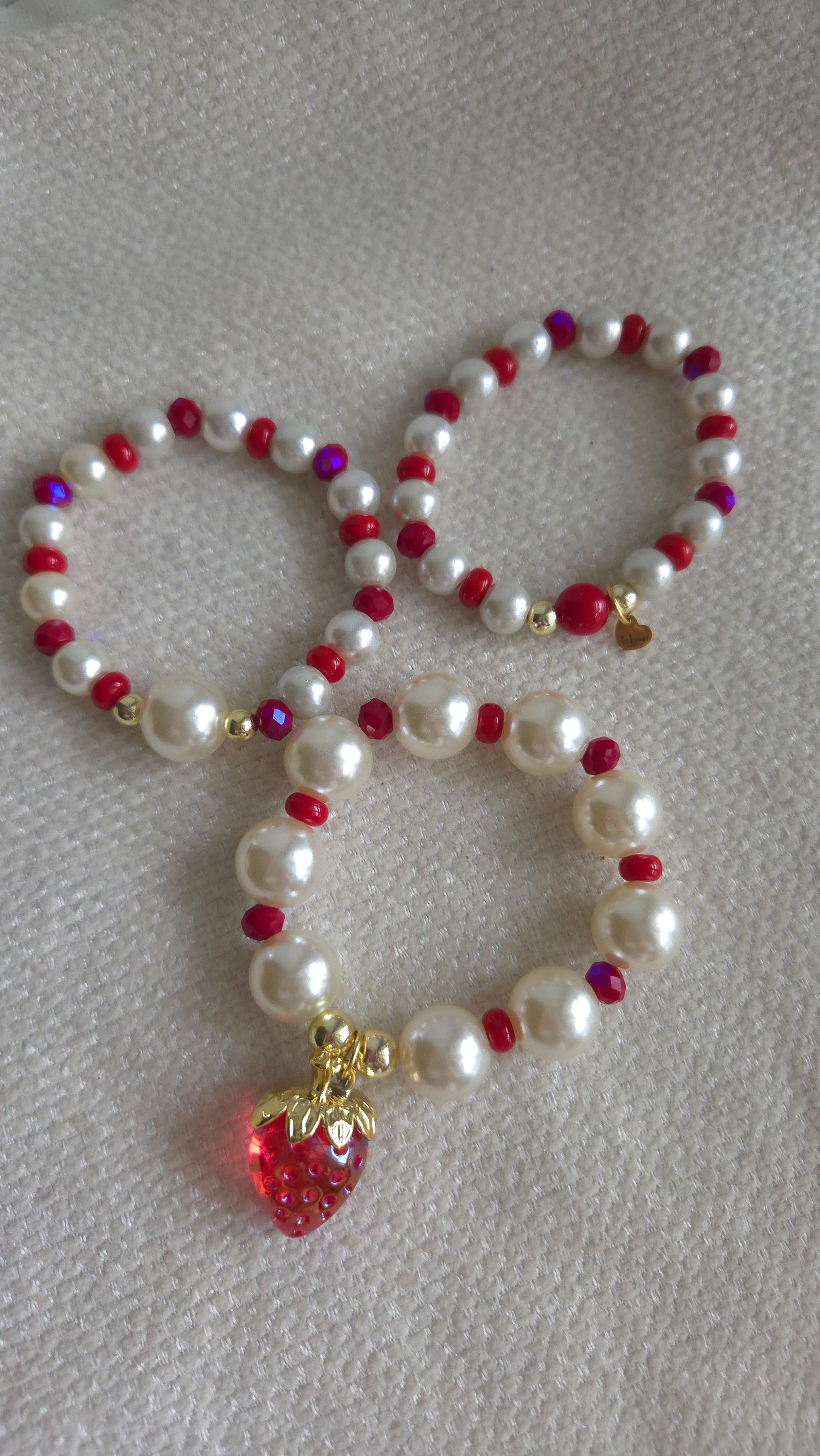 elastic bracelet set, handmade jewelry, dopamine fashion, kawaii Y2K, strawberry charm, crystal pearls, colorful accessories, chunky pearls, nostalgia jewelry, maximalista style
