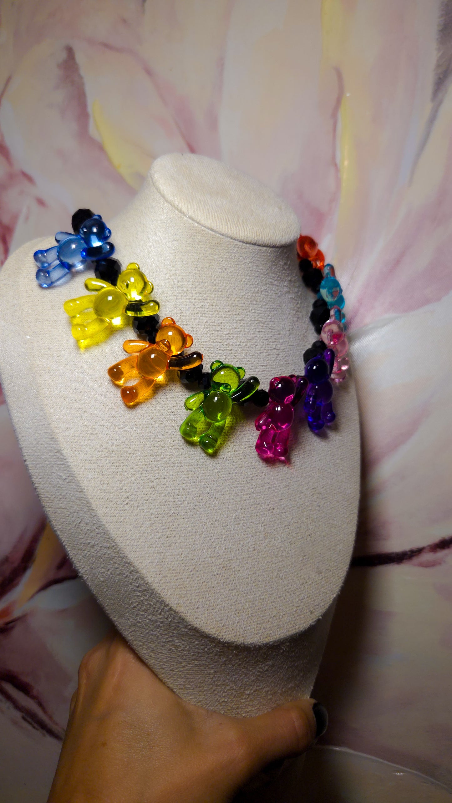 Black Crystal Teddies Necklace – Acrylic Pearls & Teddy Bear Charms | Handmade Y2K Statement Jewelry