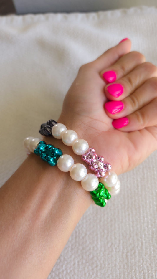 Metallic Teddy Pearl Bracelet Set ✨🐻 | Handmade Y2K Kawaii Dopamine Dressing Jewelry