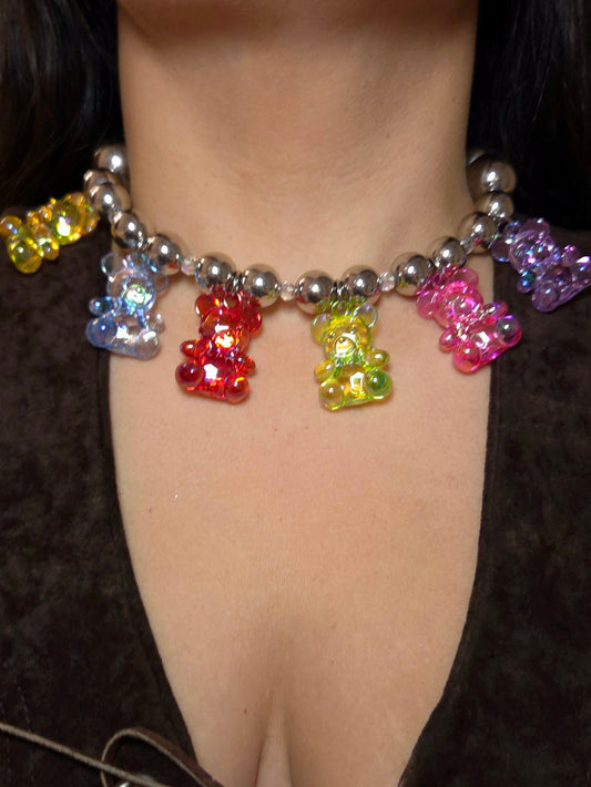 ✨ Silver Teddy Party Necklace – Chunky Colorful Statement Choker | Handmade Dopamine Dressing Jewelry