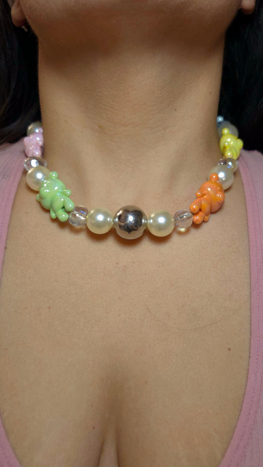 🌈 Teddy Pearl Party Necklace – Handmade Kawaii Y2K Dopamine Jewelry | Colorful Statement Necklace