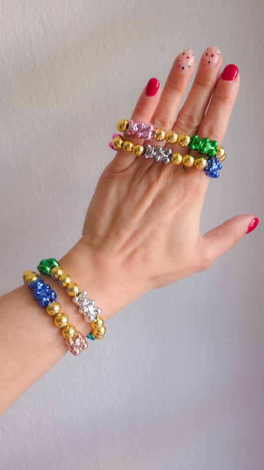 Golden Metallic Teddy Bracelet Set ✨🐻 | Handmade Y2K Kawaii Dopamine Dressing Jewelry