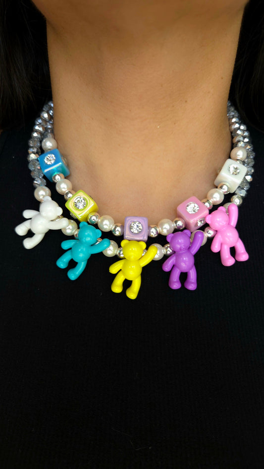 ✨ Candy Neon Teddies Necklace – Handmade Y2K Dopamine Jewelry | Unique Statement Necklace