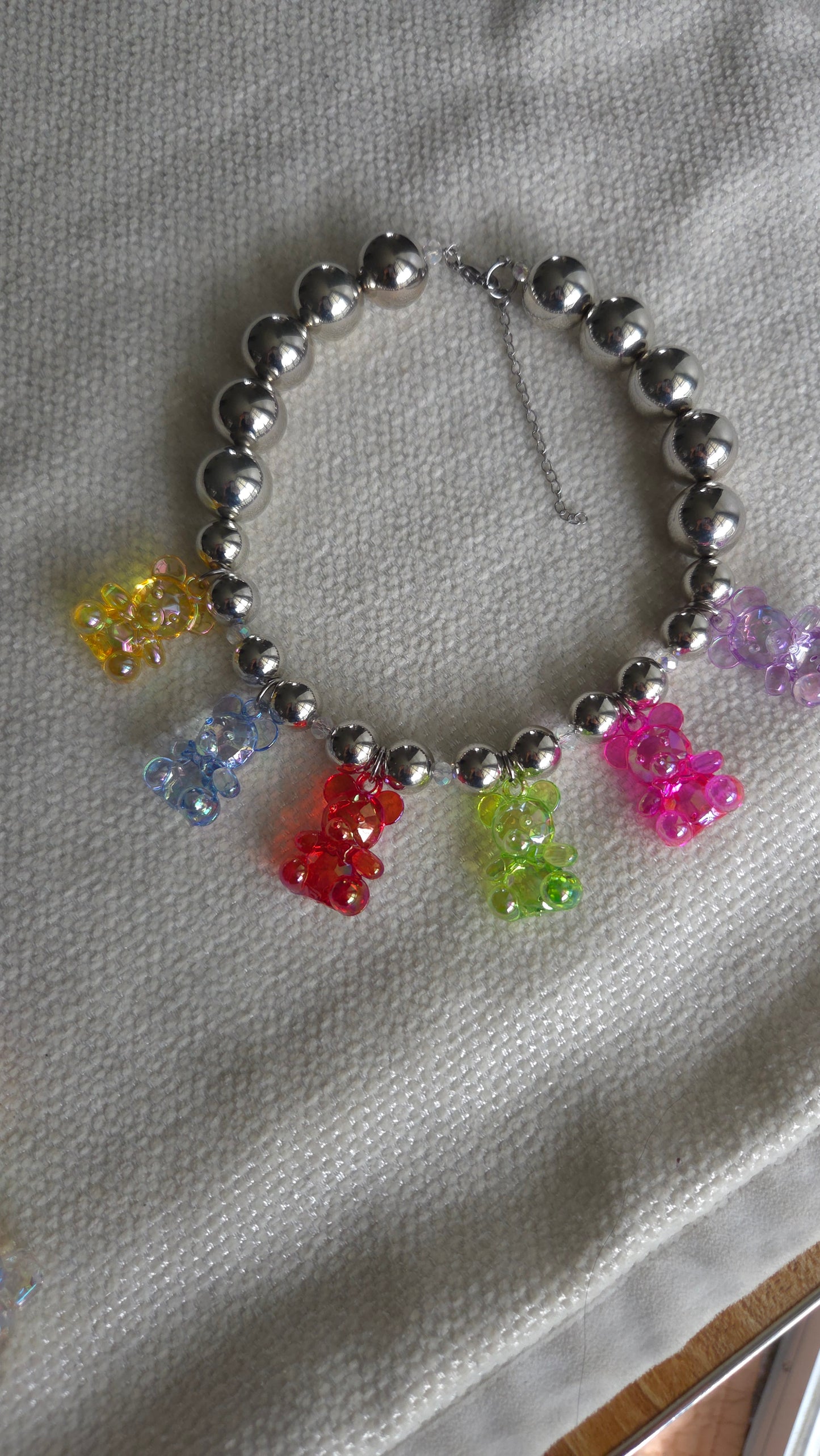 ✨ Silver Teddy Party Necklace – Chunky Colorful Statement Choker | Handmade Dopamine Dressing Jewelry