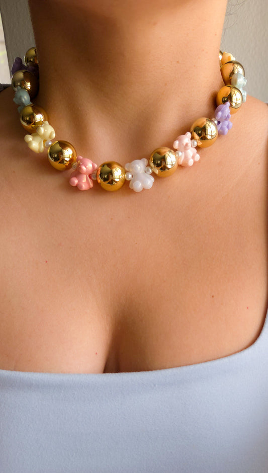 🐻✨ Golden Pastel Teddies Necklace – Handmade Kawaii Y2K Dopamine Dressing Jewelry | Colorful Statement Necklace