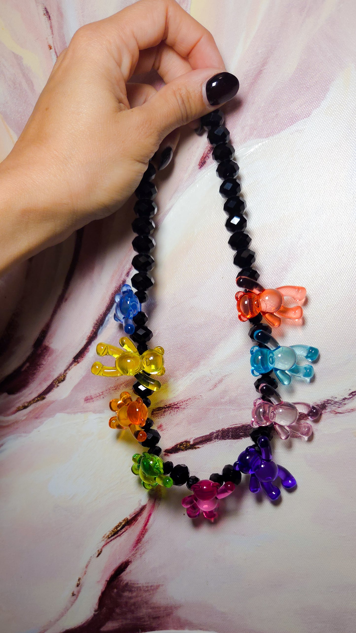 Black Crystal Teddies Necklace – Acrylic Pearls & Teddy Bear Charms | Handmade Y2K Statement Jewelry