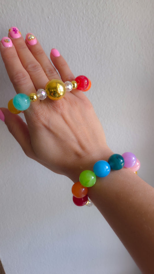 🧸 Rainbow Gumball Teddy Bracelet – Kawaii Chunky Beaded Statement Jewelry | Y2K Dopamine Dressing