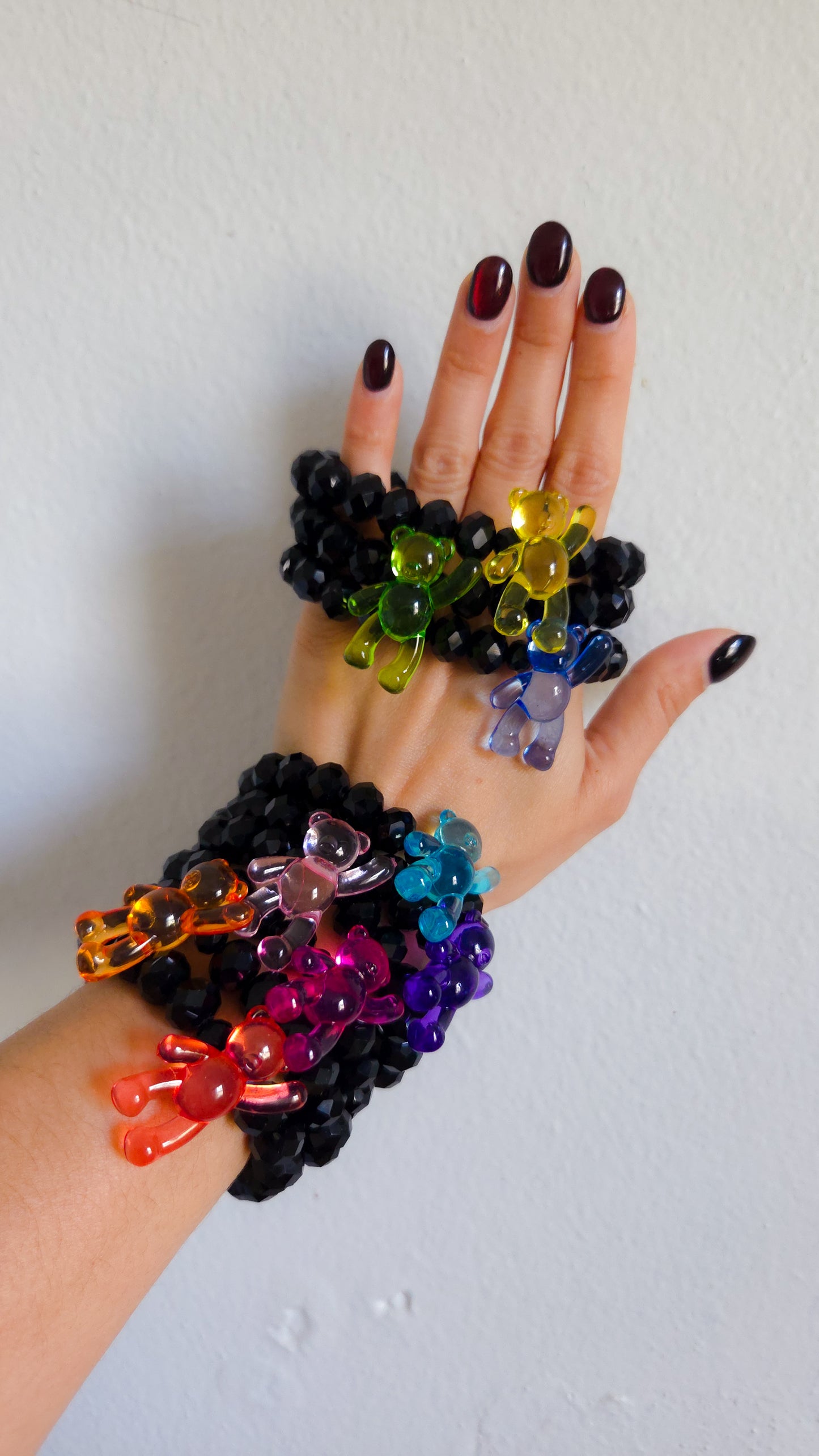 Black Crystal Teddy Elastic Bracelet – Handmade Chunky Pearls & Acrylic Bears | Y2K Dopamine Dressing Jewelry
