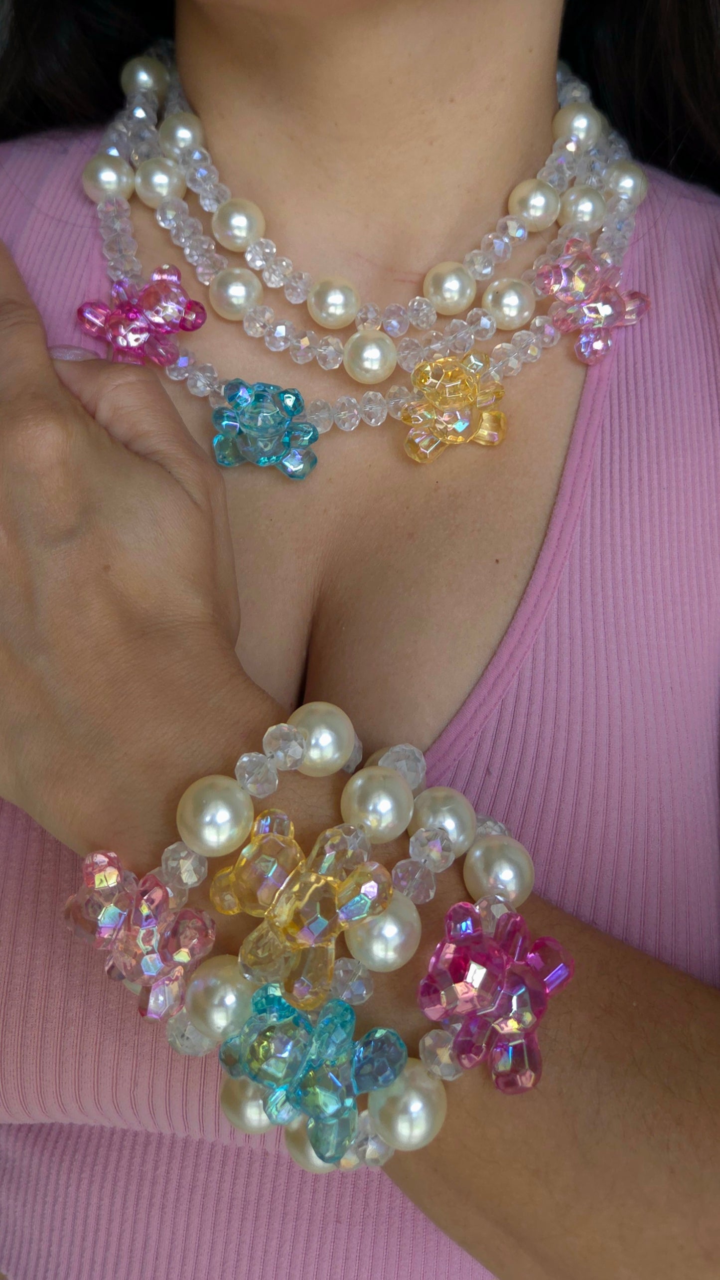 🧸✨ Crystal Parade Bracelet – Handmade Kawaii Y2K Dopamine Jewelry | Chunky Statement Bracelet