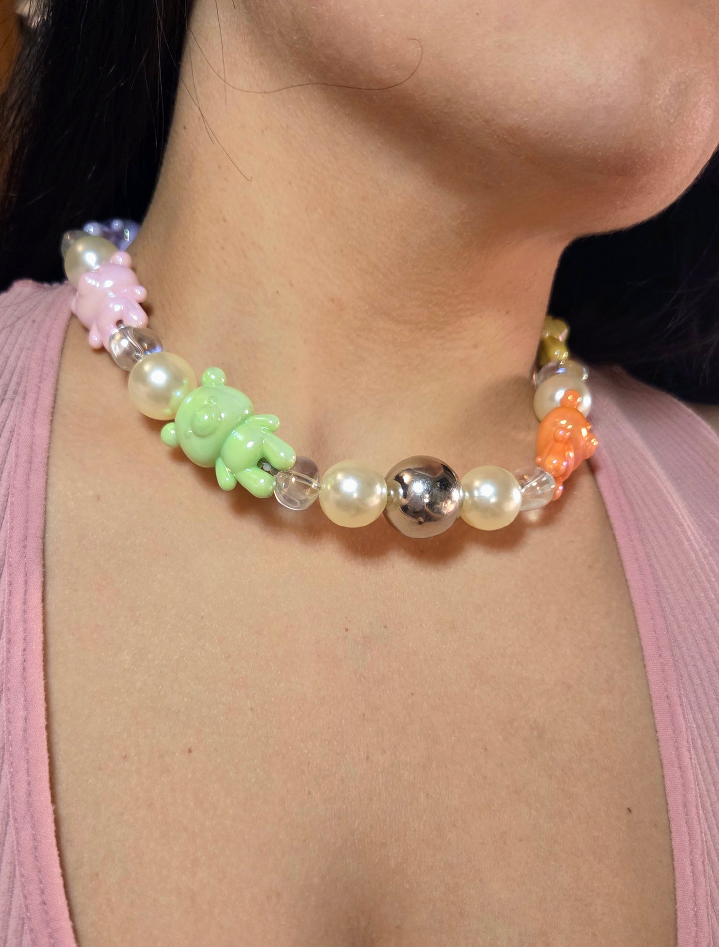 🌈 Teddy Pearl Party Necklace – Handmade Kawaii Y2K Dopamine Jewelry | Colorful Statement Necklace