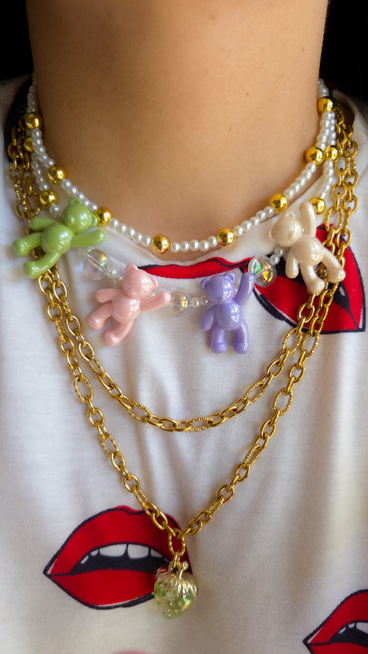 🍓 Strawberry Teddy Dreams Necklace – Y2K Statement Layers
