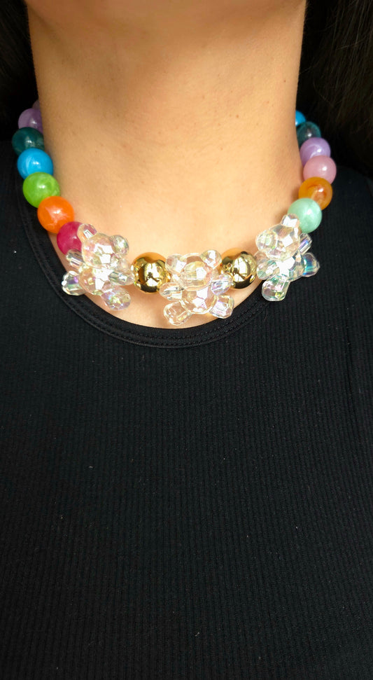 🧸 Rainbow Gumball Teddy Necklace – Kawaii Chunky Beaded Statement Jewelry | Y2K Dopamine Dressing